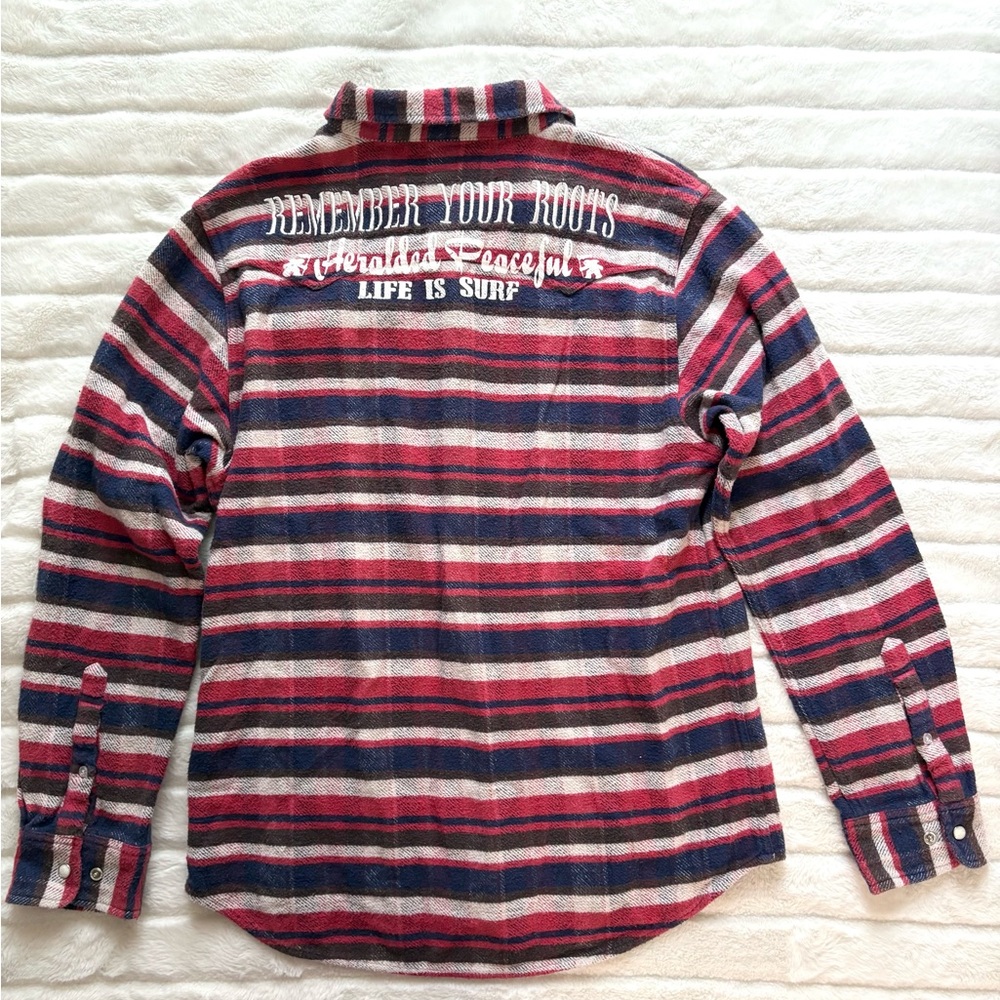 Vintage Gotcha Mens Pearl Snap Striped Flannel Large Y2K Life is Surf Punk